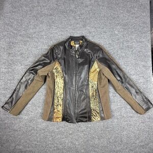 Koos Of Course Jacket Womens Large Brown Leather Tweed Animal Print Zip Front
